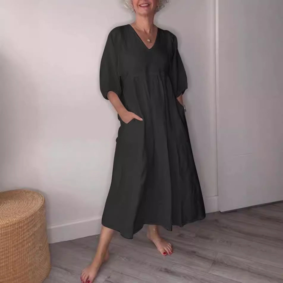 Baumwoll-Leinen Kleid – Tiefer V-Ausschnitt, Faltenrock & Taschen – Lässig & Elegant