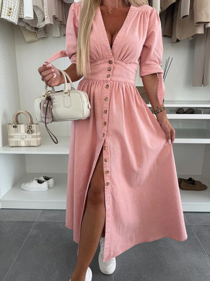Mina Kleid – Eleganter Jeans-Look mit asymmetrischem Gürtel & geschnürten Ärmeln