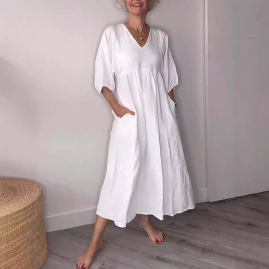 Baumwoll-Leinen Kleid – Tiefer V-Ausschnitt, Faltenrock & Taschen – Lässig & Elegant